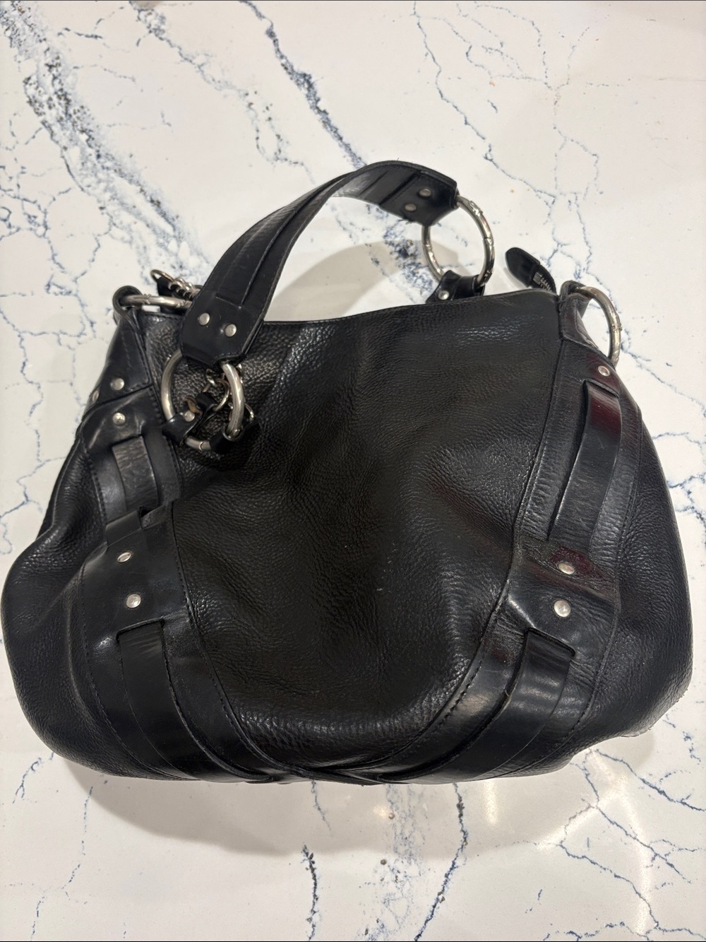 FRYE Black Leather Shoulder Bag with Silver Hardware